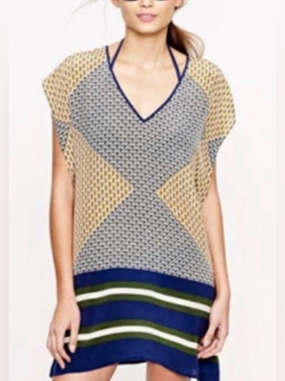 J.CREW 100% silk V-Neck Beach Cover-Up in Navy, Tan & Olive summer dress preppy